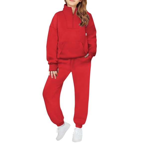 XQYLOS Girls Quarter Zip Sweatshirt and Solid Sweatpants Set 2 Piece Outfits Fall Winter Clothing 7-14T Tween Athletic Loung𝖾 Wear