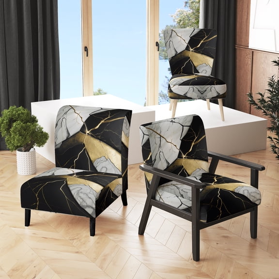 Designart "Ebony Geode Abstraction IV" Black Marble Upholstered Accent Chair - Modern Arm Chair For Living Room