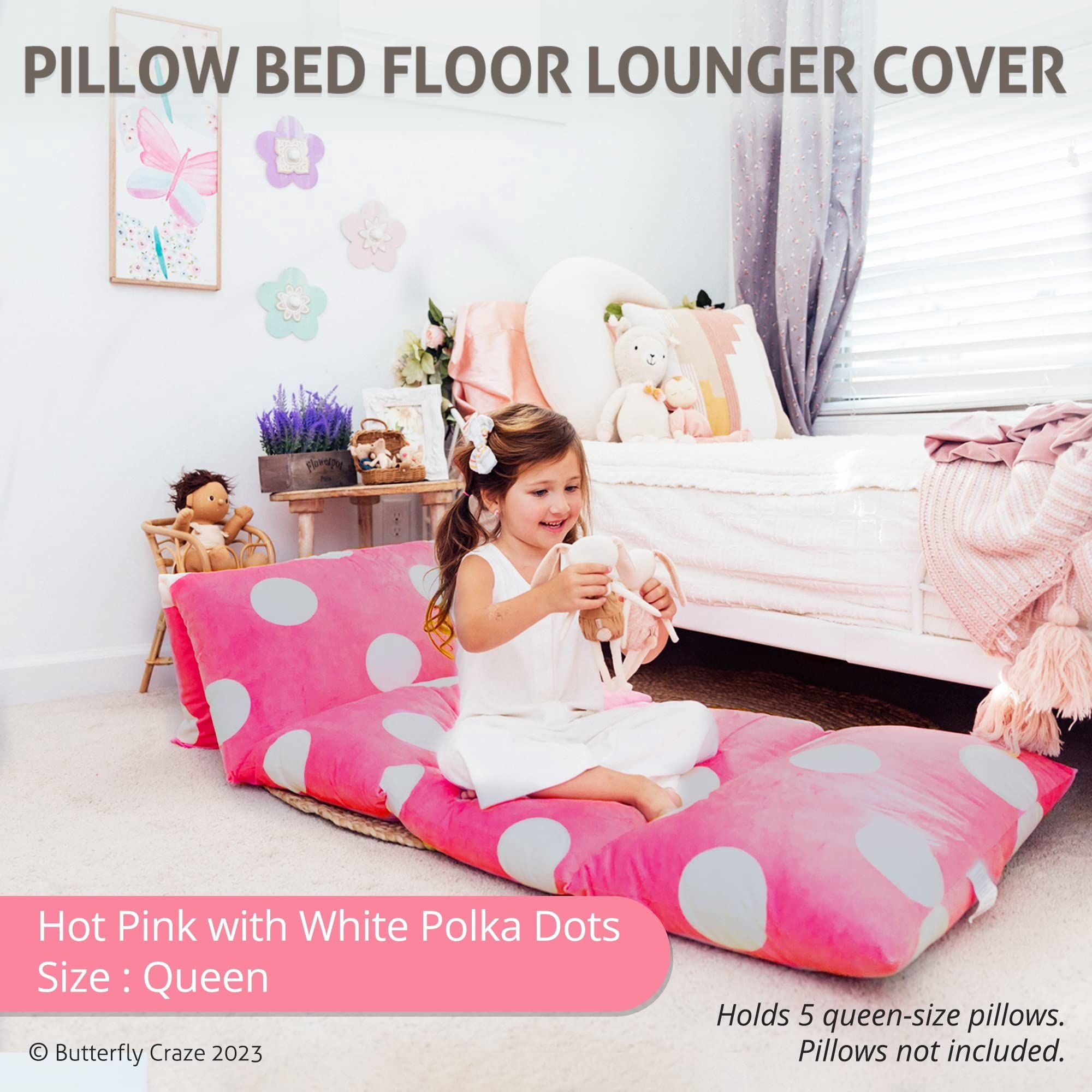 Butterfly Craze Hot Pink Polka Dot Floor Pillow Bed Lounger Cover for Kids
