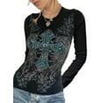 thumbnail image 2 of Women’s Slim Blouse Round Neck Long Sleeve Cross Rhinestone Pattern Tops (Black), 2 of 10