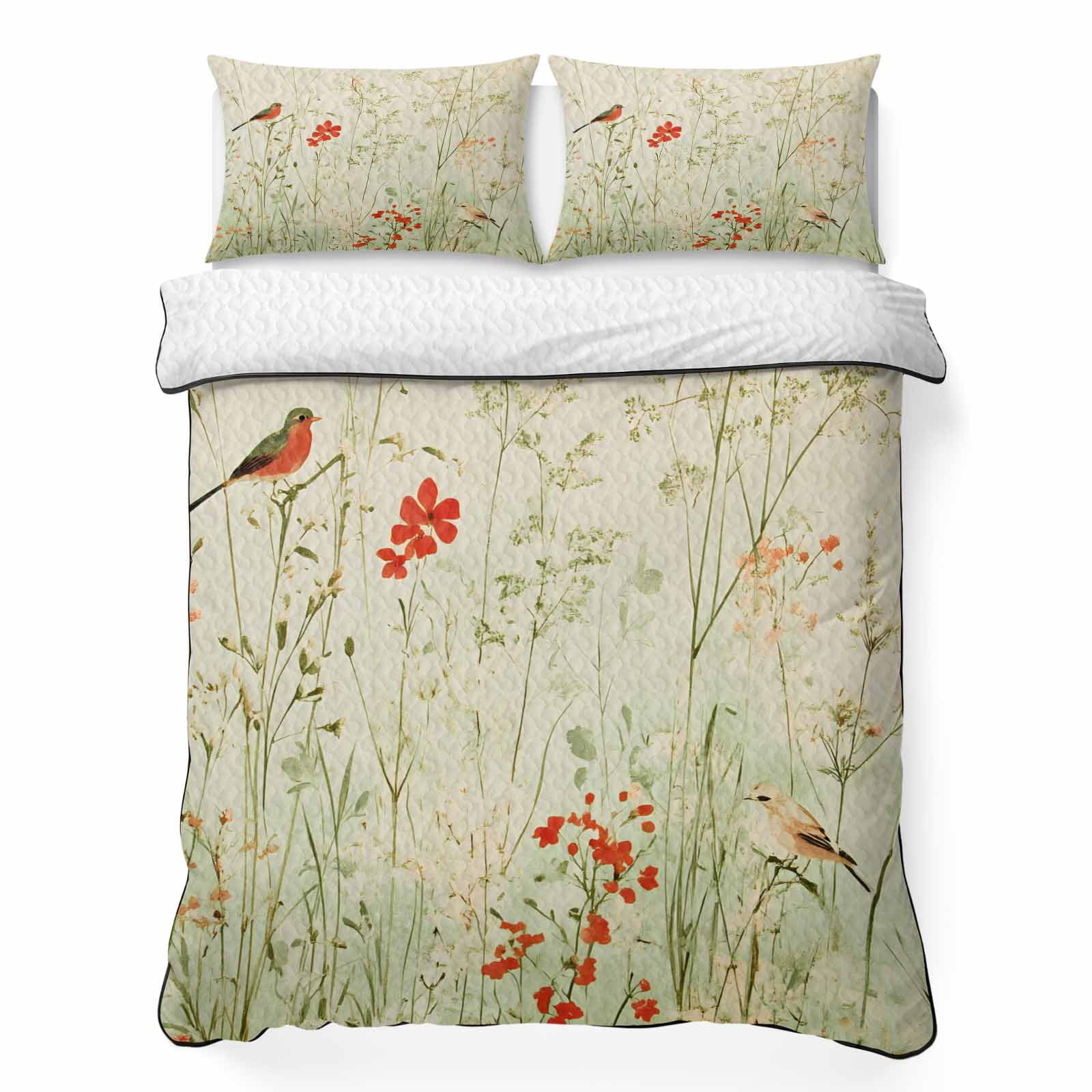 Full Quilt Bedding Set Country Green Red Plant Breathable Summer Cooling Blanket for Hot Sleepers Farmhouse Bird Pastoral Botanical Lightweight Soft Bedding Set with 2 Pillow Shams for All Season