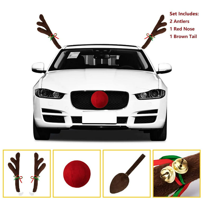 Car Reindeer Antler Decorations, Vehicle Xmas Decorations Auto Decoration  Reindeer Kit with Jingle Bells Rudolph Reindeer Red Nose and Tail for Car  Accessories Christmas Antlers 
