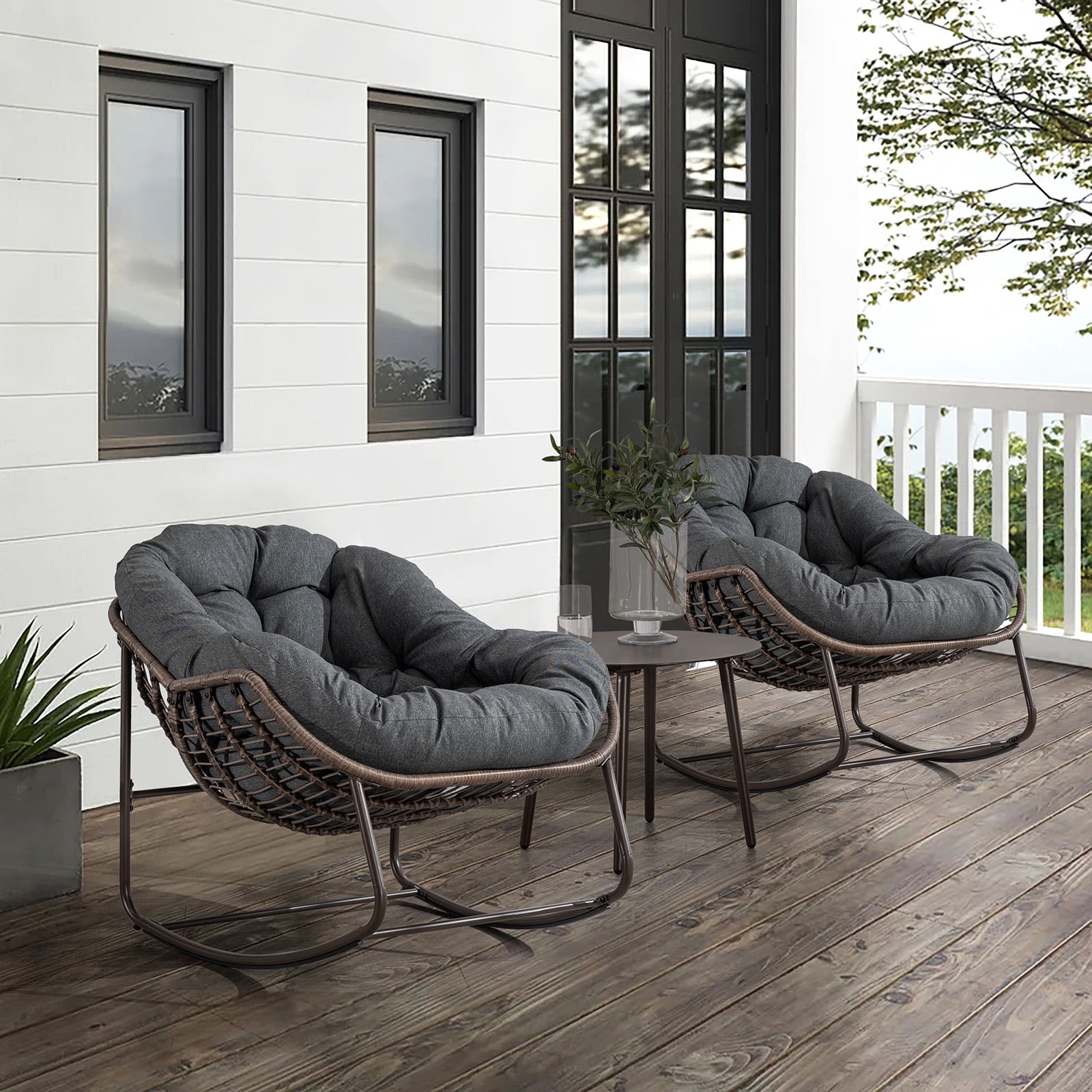Indoor/Patio Rocking Chair, Oversized Rattan Egg Chair with Steel Frame & Padded Cushion