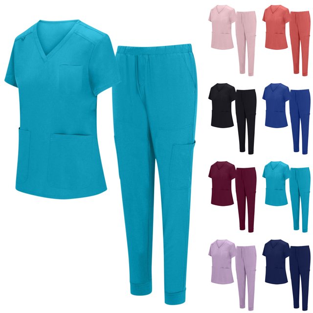 Women's Scrub Set Medical Uniform Two Piece V Neck Top and Jogger Pants Stretch Workwear for Nurses Doctors