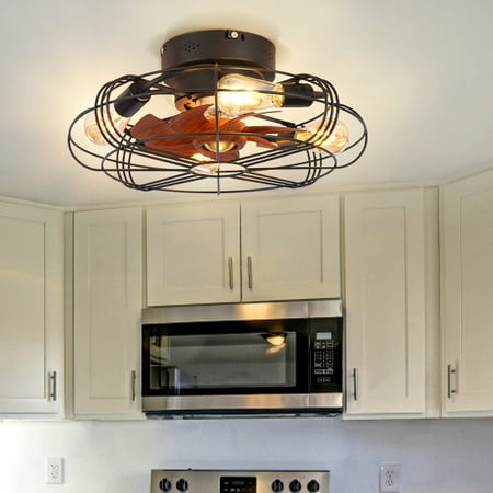 

KKCXFJX Kitchen Gadgets Caged Ceiling Fan With Lights Remote Control Low Profile Flush Mount Industrial Retro Indoor Enclosed Ceiling Fans 4 Bulbs Not Included Gifts