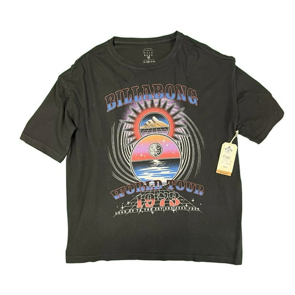 Billabong Women's Black T-Shirt World Tour 1973 Graphic Print Tee S/S