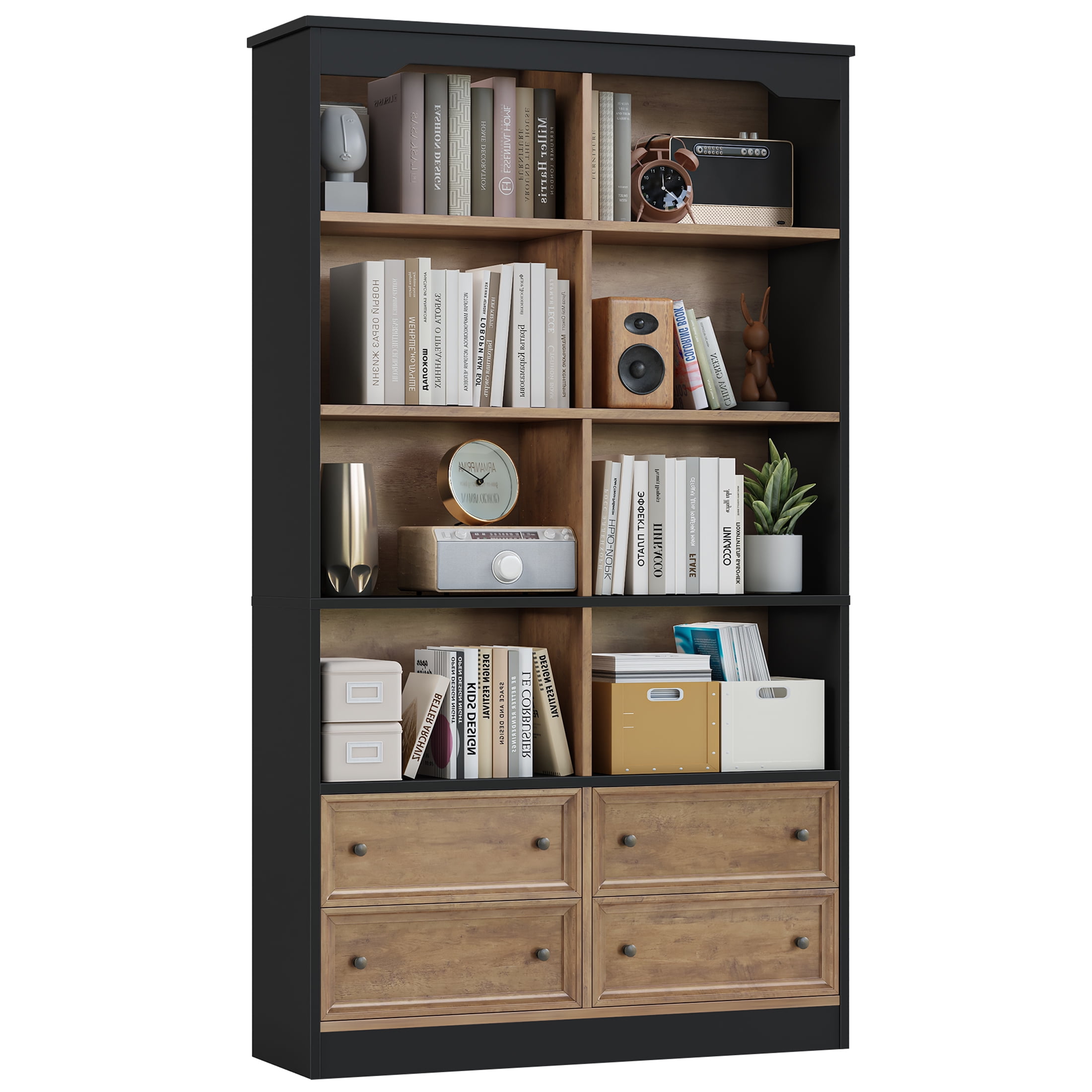 Homfa Double Row 6 Tier Bookcases, 71 in Tall Bookcase Bookshelf with 4 Drawers and 8 Display Cubicles, for Home Office Living Room, Black& Oak
