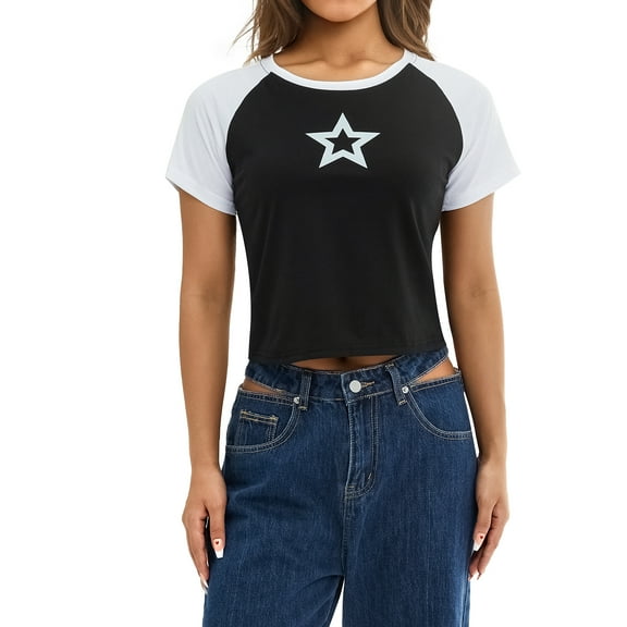 Womens Y2k Color Block Patchwork Crop Top Star Graphic Printed Short Sleeve T-Shirt 90s E-Girl Crewneck Kawaii Kuromi Streetwear