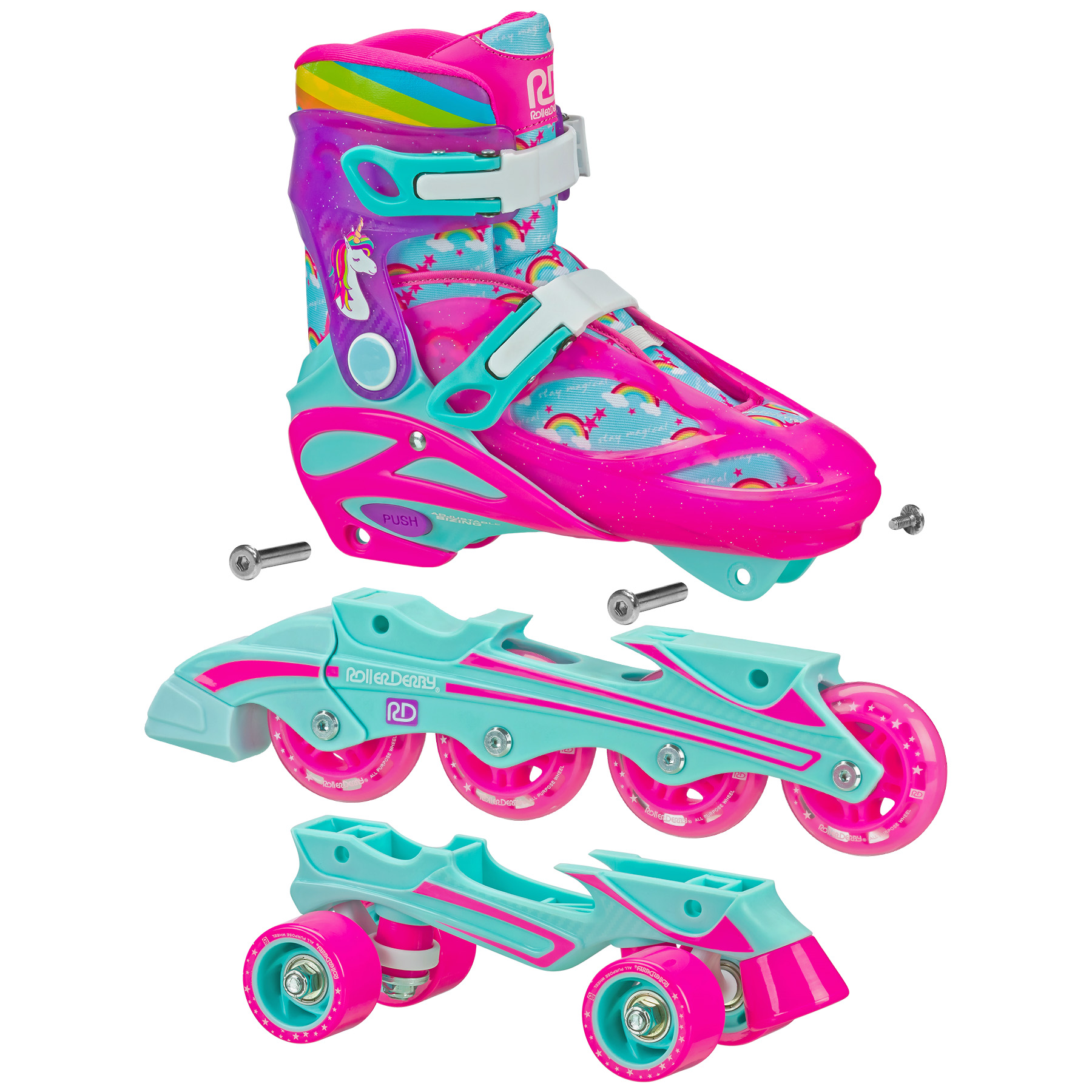 Roller Derby Sprinter Girl's 2-in-1 Quad Roller and Inline Skates Combo, Unicorn, Small (Size 12-2) - image 2 of 5