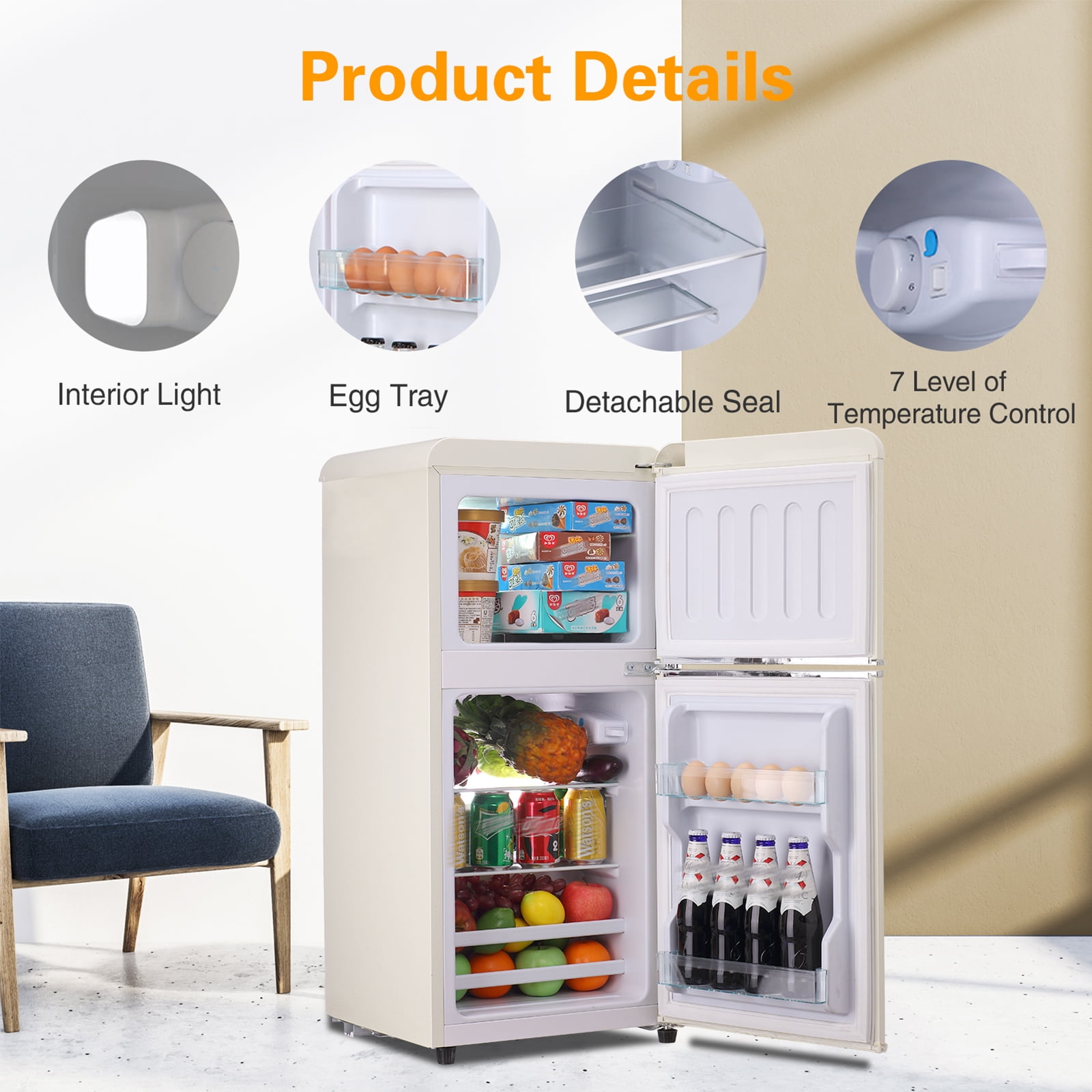 Prilinex 3.2 Cu.ft Mini Refrigerator with Freezer, Retro Small Refrigerator with Adjustable and Removable Double Doors, Energy Saving, Adjustable Thermostat, Low Noise, Cream