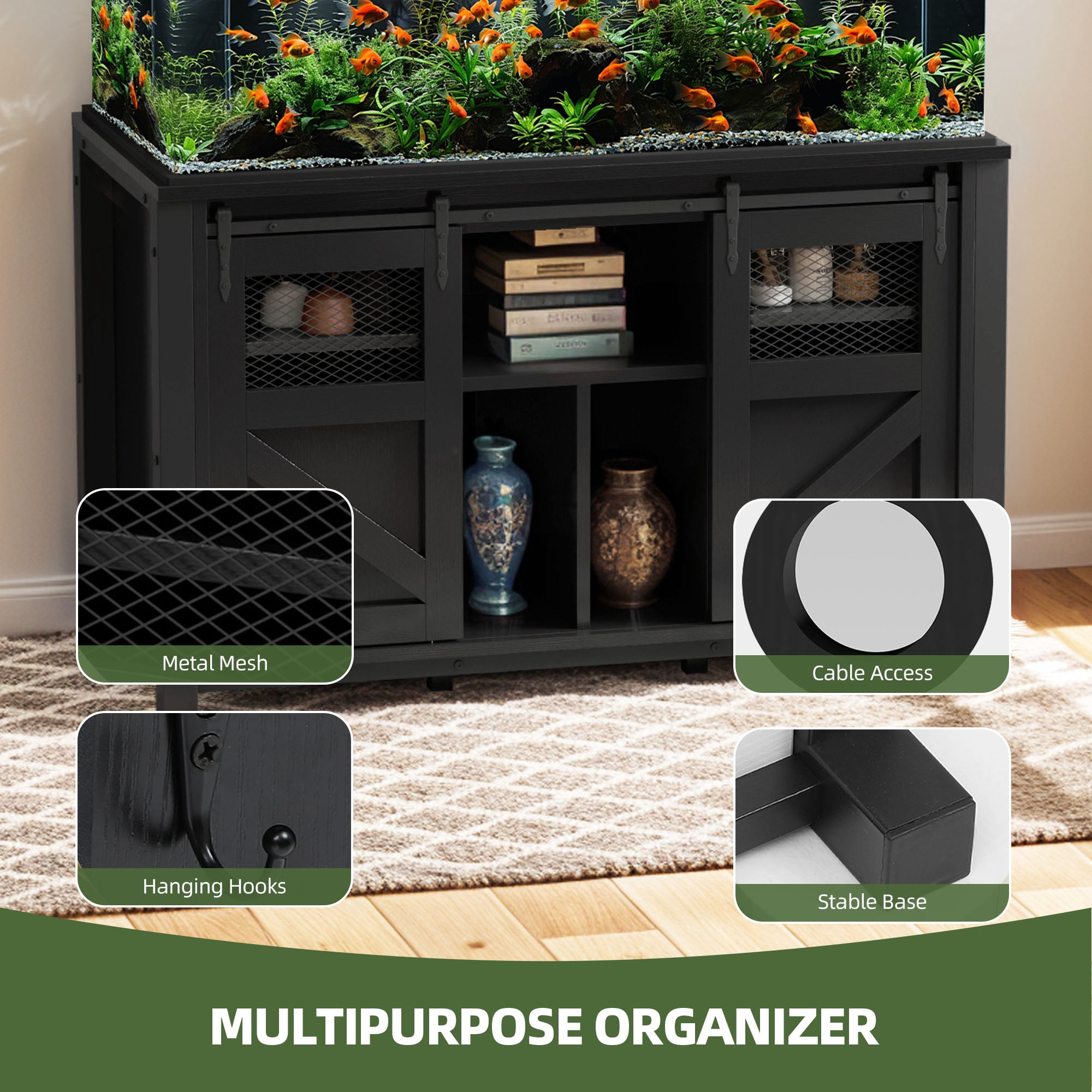 Uforic 120 Gal Fish Tank Stand with Storage, 1100 Lbs Capacity, Power Outlets, Barn Door, Black