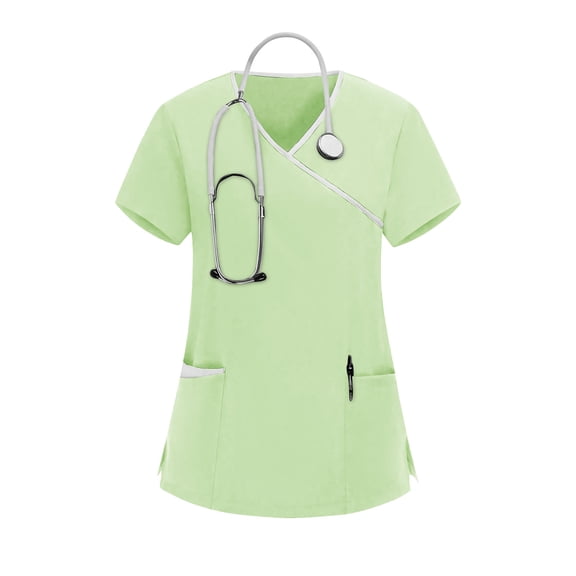 Yotami Womens V-Neck Scrub Top Short Sleeve Fashion Plus Size Tops with Pocket Solid Color Tops for Nursing, Green, S