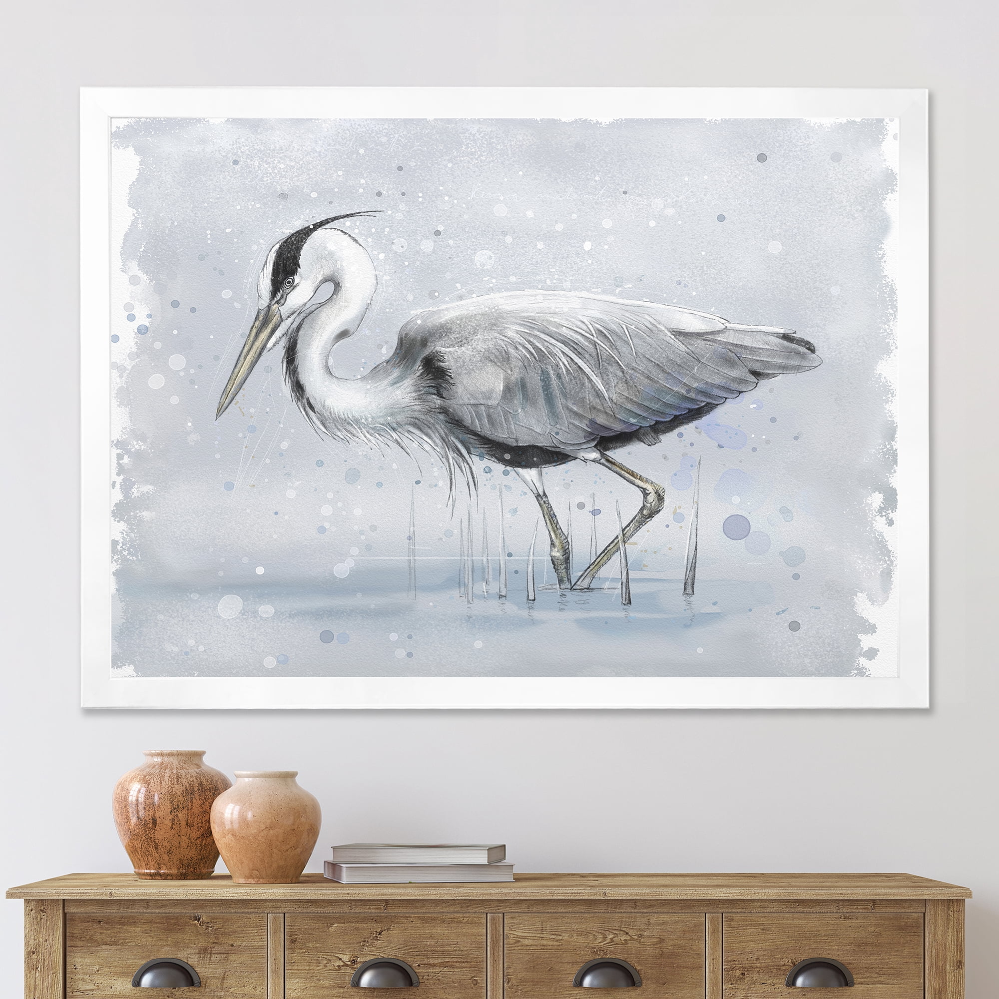 Designart 'Grey Heron Bird In Lake' Farmhouse Framed Art Print