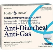Foster & Thrive Anti-Diarrheal Anti-Gas Multi-Symptom Relief Caplets with Loperamide Hydrochloride and Simethicone, Treatment of Diarrhea, Gas, Bloating, Cramps & Pressure 12 Count Caplets