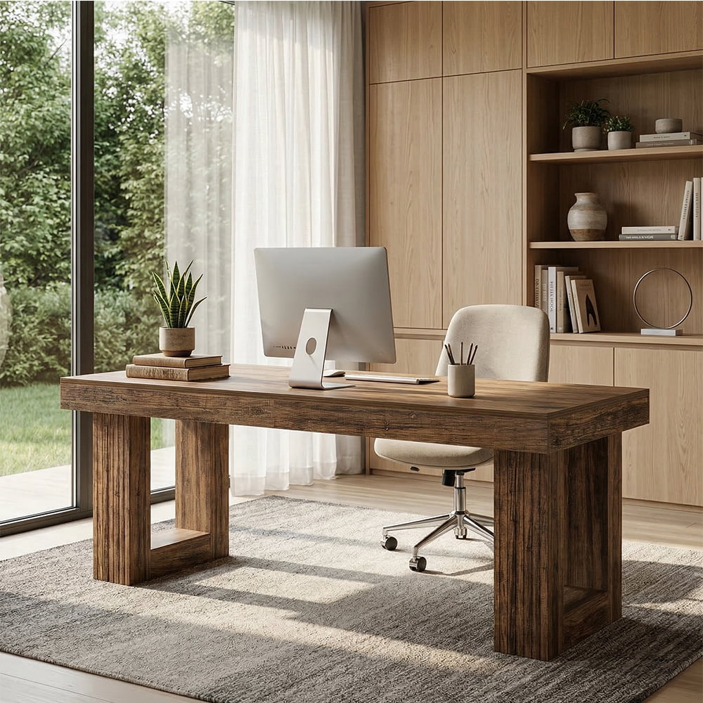 Finmind 86.6" Extra Long Double Desk for Two People, 2-Person Computer Desk with Large Workspace, Wooden Writing Table for Home Office, Rustic Brown