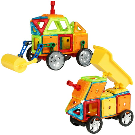 Best Choice Products Kids 162PC Multi Color Magnetic Blocks Tiles Education STEM Toy Steamroller Dump Truck Building
