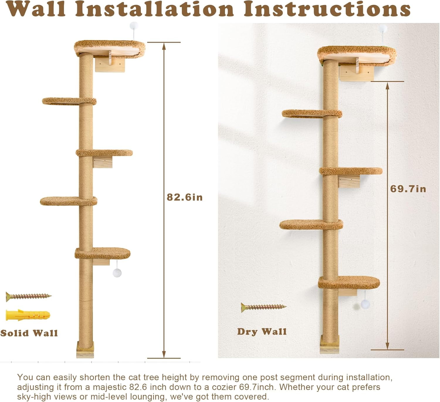 5-Tier Tall Cat Tree for Kittens, Floor to Ceiling Wall Mounted Cat Wall Shelves with Brown Plush Pads, Adjustable Wild Simulation Cat Tower for Climbing, Scratching & Lookout
