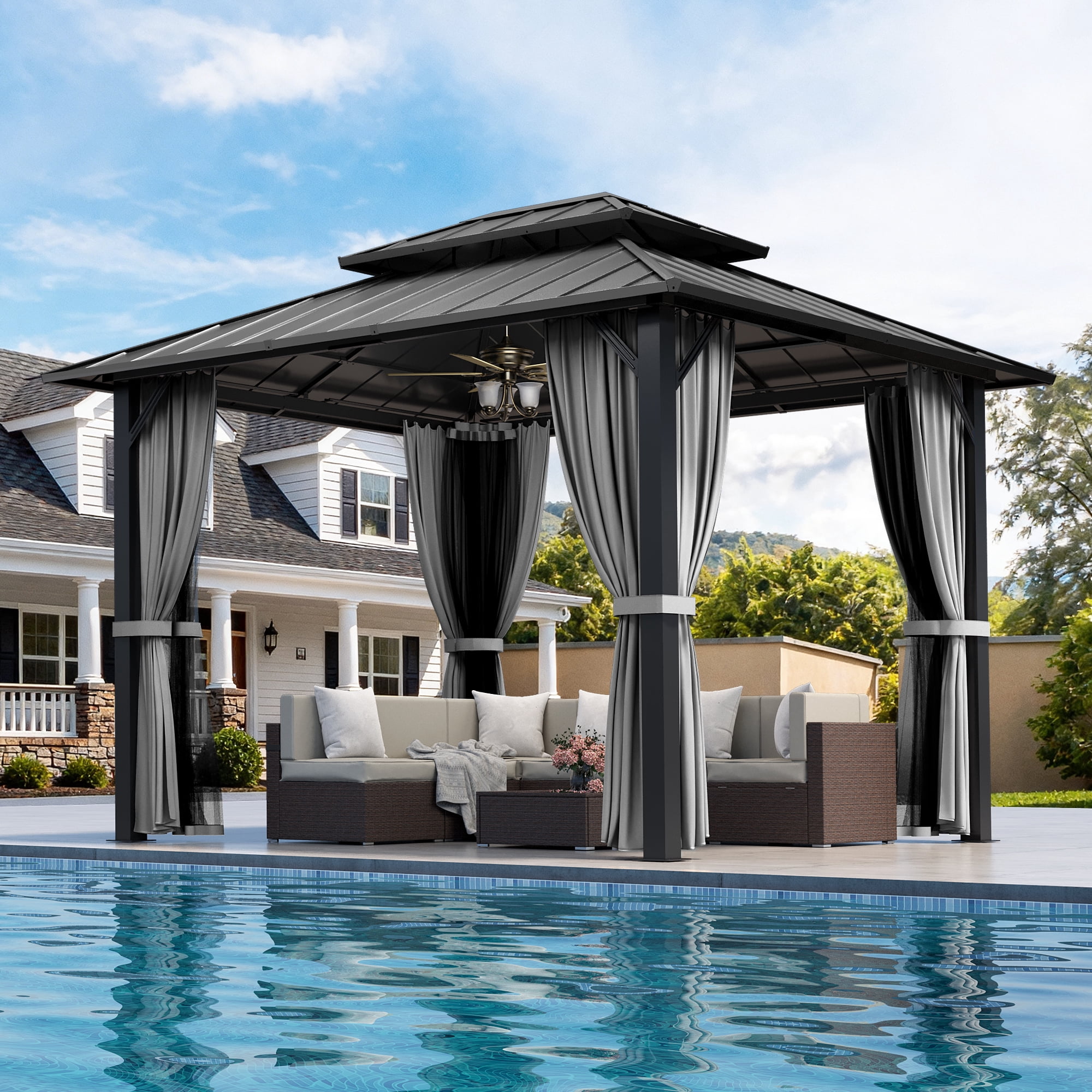 Pamapic 10x12 FT Hardtop Gazebo, Galvanized Steel Double Roof Outdoor Pavilion with Breathable Netting and Privacy Curtain, Black for Patio, Backyard, Deck, Lawn