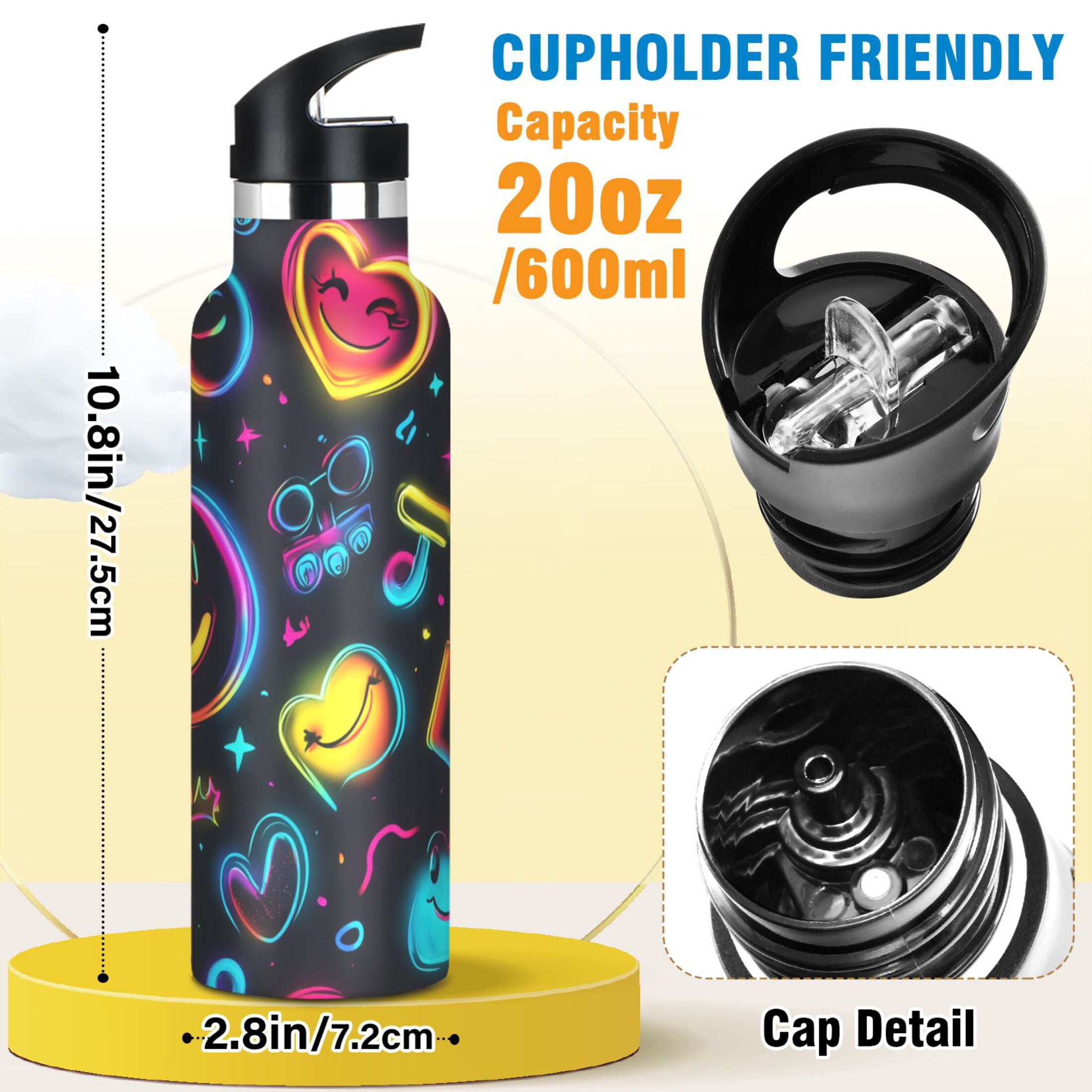 Kids Insulated Stainless Steel Sports Water Bottle 600ml (20oz), BPA-Free Cute Smiling Faces