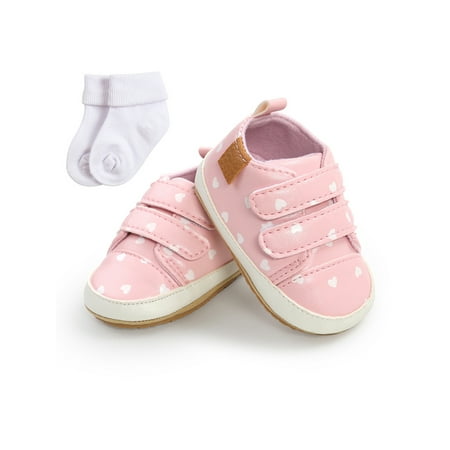 

Tenmix Toddler Kids Flats Prewalker Crib Shoes First Walkers Moccasin Shoe Casual Sneakers Baby Girls Boys Lightweight Anti Slip Heart Print-Pink with Socks 4C