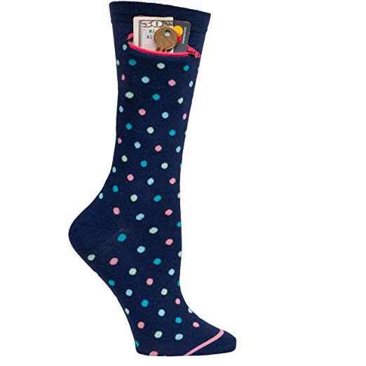 Pocket Socks Womens Fashion Crew Navy Multi Dot with Security Zip