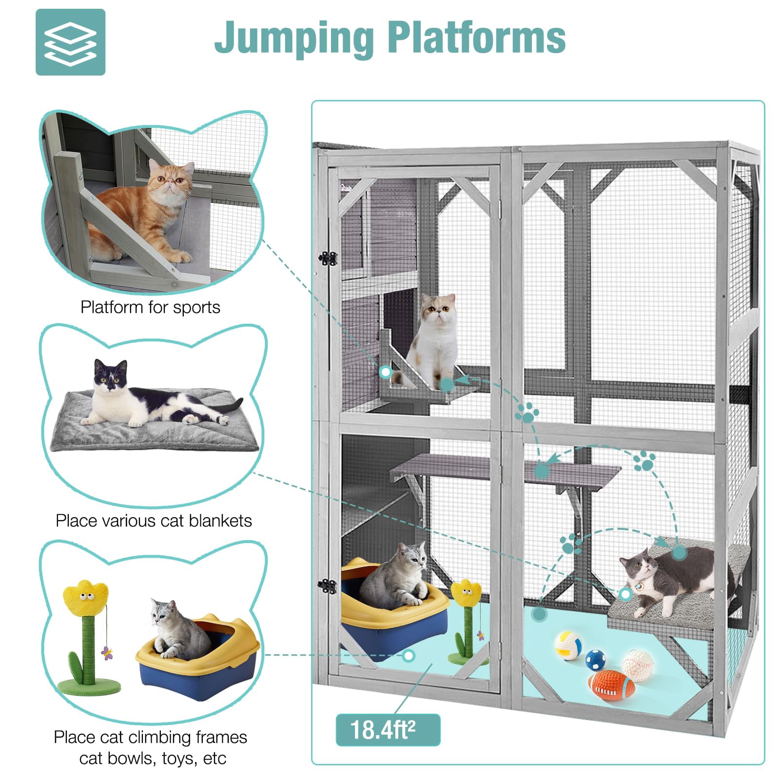 BUTINGLALE Large Catio Outdoor Cat Enclosure with 4 Tiers Weatherproof Roof Kitty House for Outdoor Cats, 77 Inch Heavy-Duty Cat House (Grey, Extra Large)