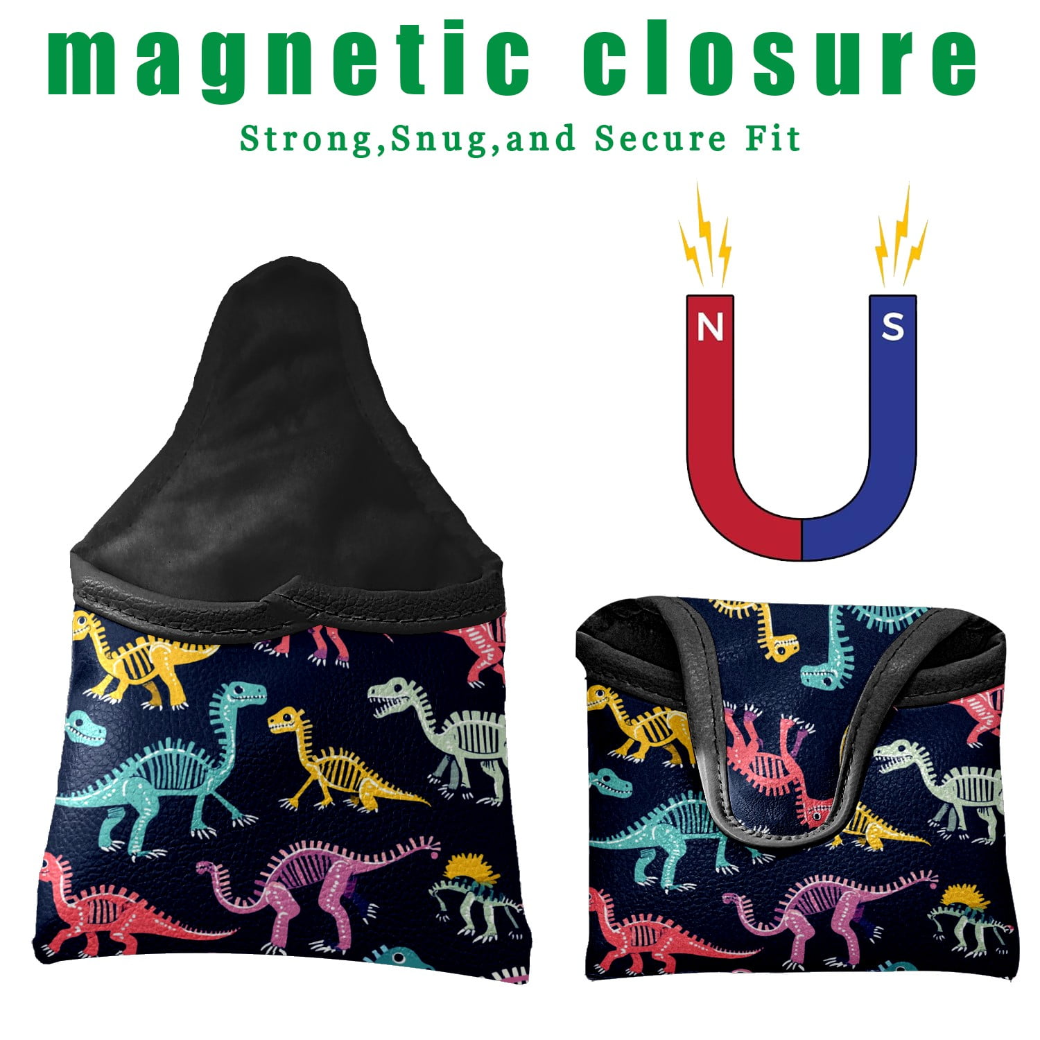 Golf Mallet Putter Cover Premium Leather Waterproof Golf Putter Head Cover with Magnetic Closure Cartoon Dinosaur