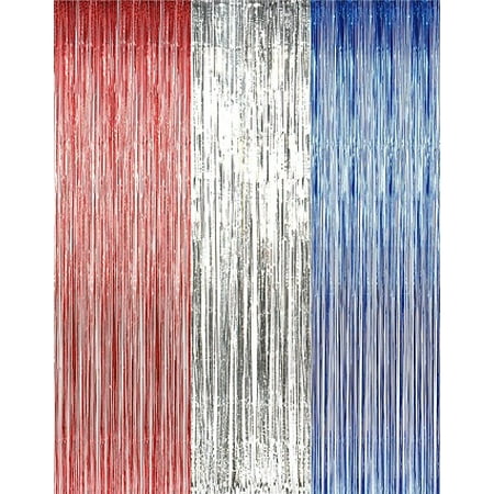 Metallic Fringe Curtains Patriotic Red Silver Blue 3ft X 8ft Pkg 6