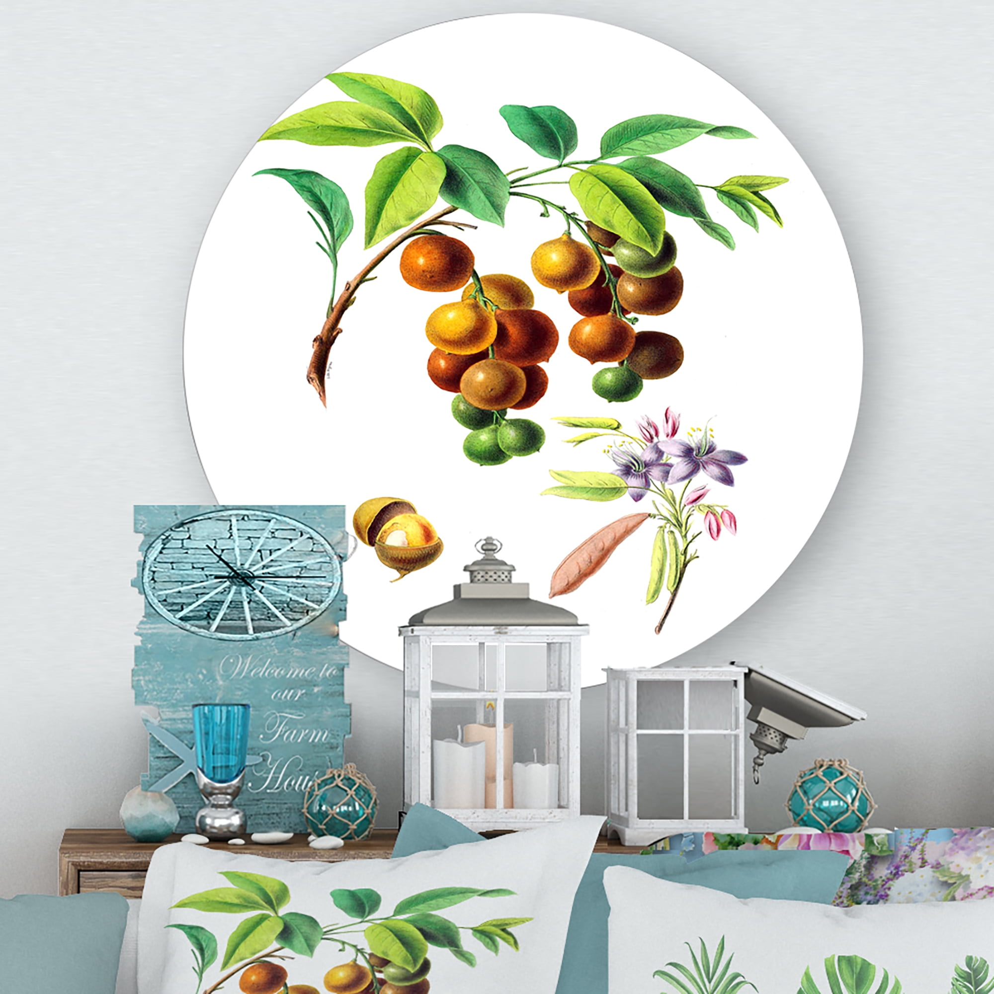 Designart 'Ancient Fruits III' Farmhouse Circle Metal Wall Art 23x23 - Disc of 23