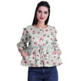 thumbnail image 1 of Moomaya Round Neck Women Bell Sleeve Shirt Printed Cotton Crop Tops Casual Top, 1 of 5
