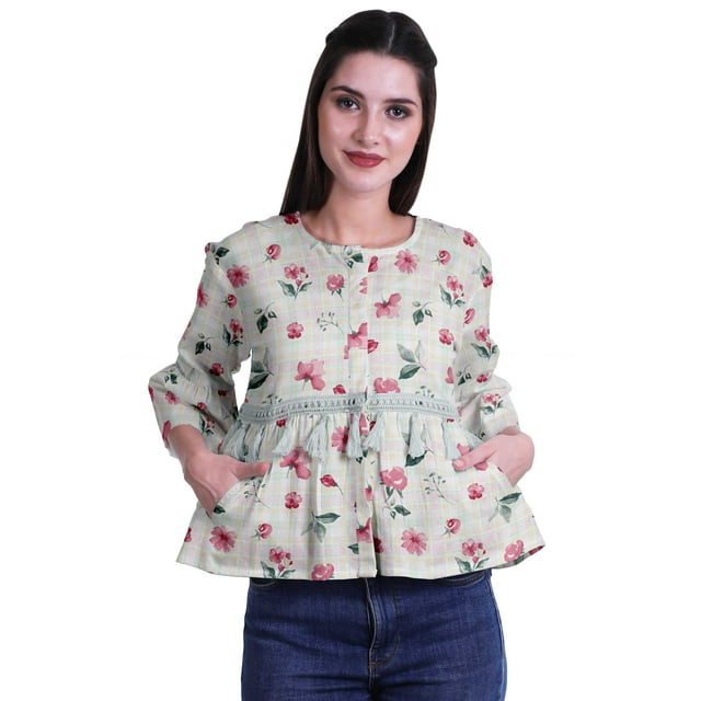 Moomaya T-Shirt à Manches Cloche pour Femmes Col Rond Imprimé Coton Crop Top Décontracté