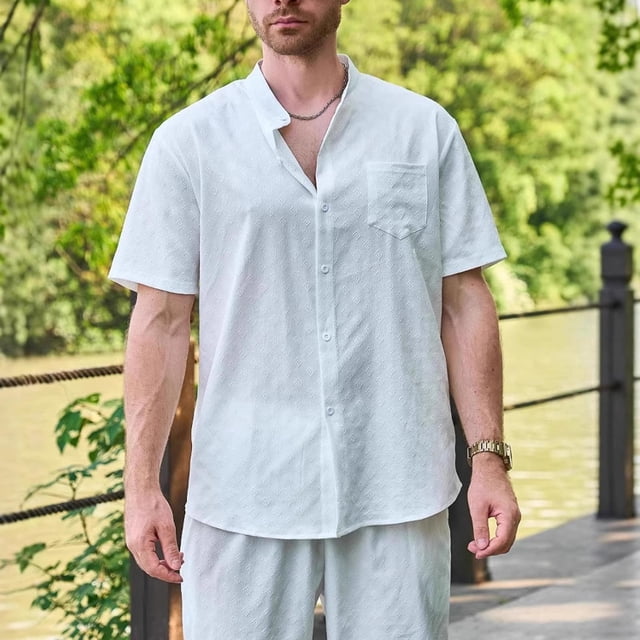 pstuiky camisetas de manga corta para hombre, Camisa informal de manga corta con cuello alto, cómoda y lisa para hombre ropa de hombre m