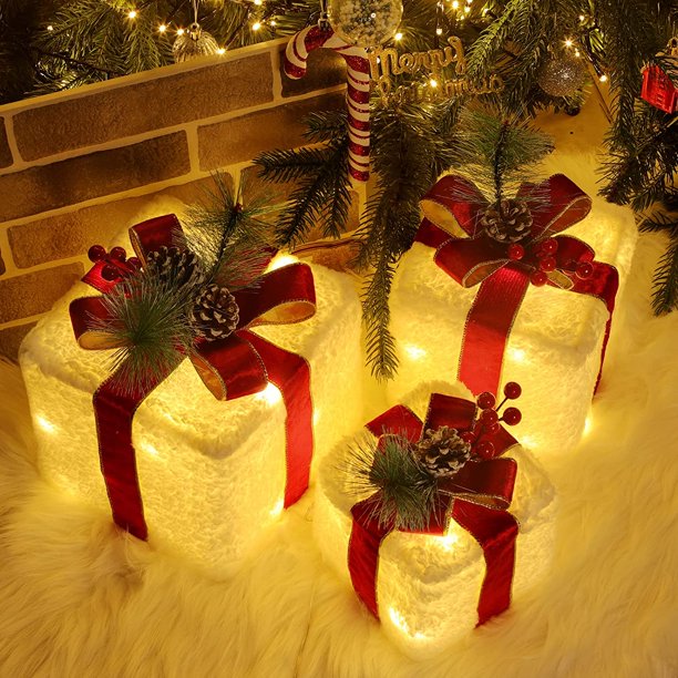 Cajas de regalo iluminadas navideñas, 140 LED iluminan regalos decoración navideña, 8 modos y función de temporizador Cajas navideñas iluminadas enchufables, juego de 3 decoraciones navideñas para fie