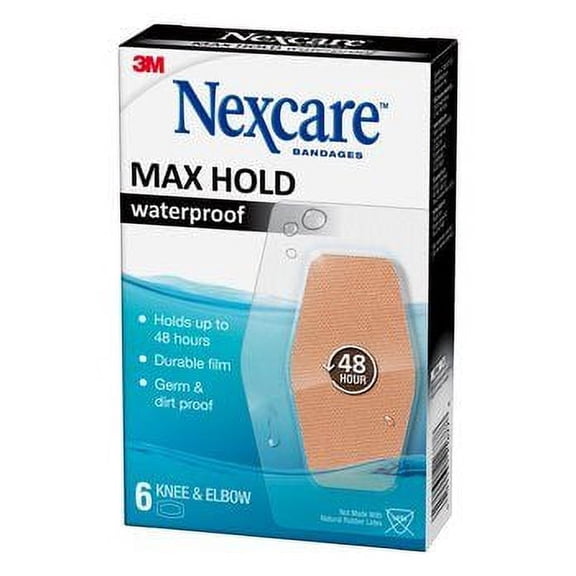Nexcare Max Hold Waterproof Bandages MHW-06, Knee & Elbow, 2.38 in x 3.5 in (60 mm x 88 mm)