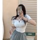 thumbnail image 1 of VISgogo Mujeres Casual Crop Tops, Color Sólido Manga Corta Slim-Fit Plisado Tops, Talla única VISgogo moda, 1 of 2