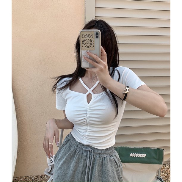 VISgogo Mujeres Casual Crop Tops, Color Sólido Manga Corta Slim-Fit Plisado Tops, Talla única VISgogo moda