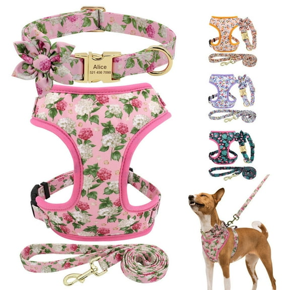 Pet Artist 3pcs Floral Nylon Dog Harness Vest and Leash and Collar set Custom Personalized for Pets