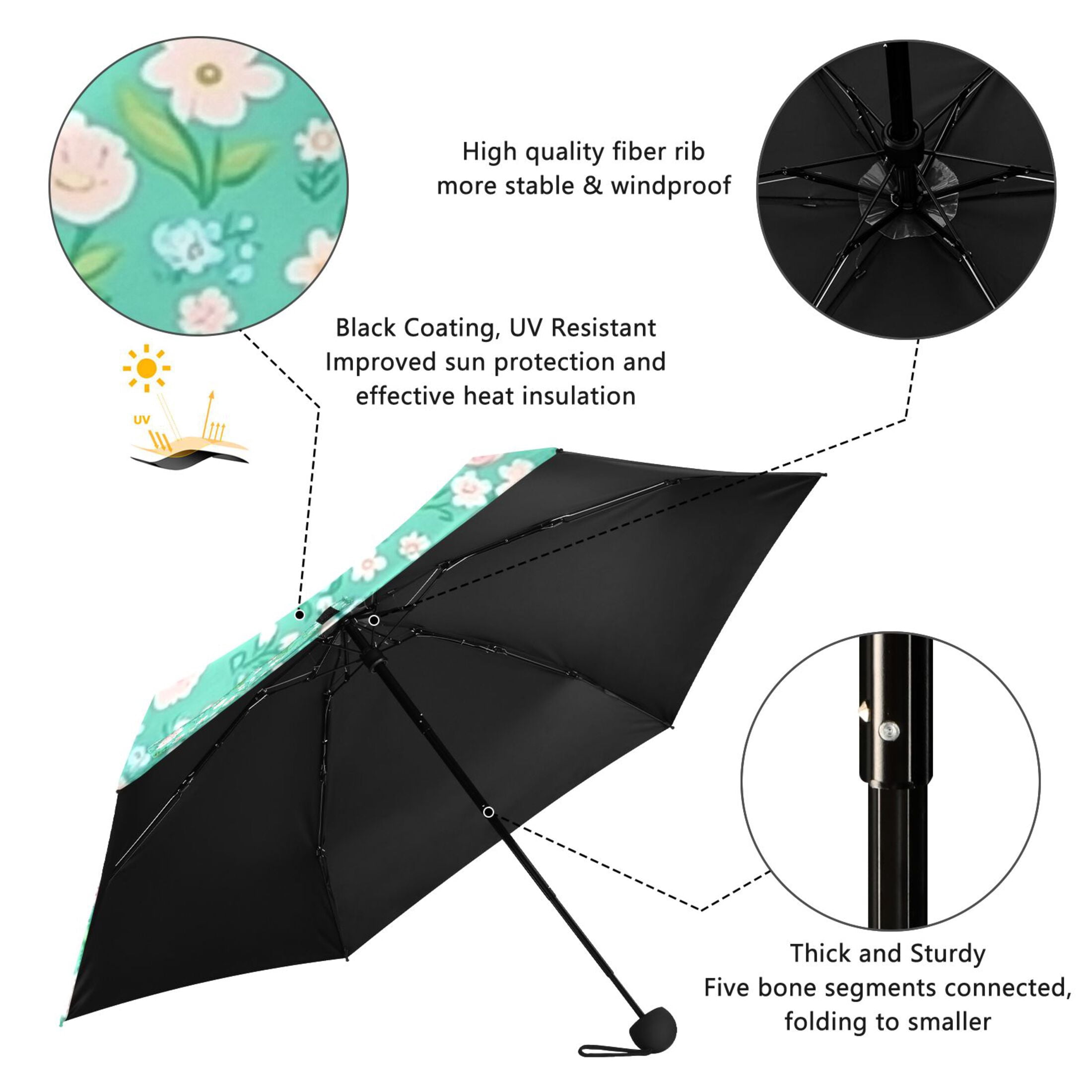 Mint Green Floral Pattern Umbrellas for Sun Auto Open Close UV50+ Waterproof 5-Fold Compact Fiberglass Frame