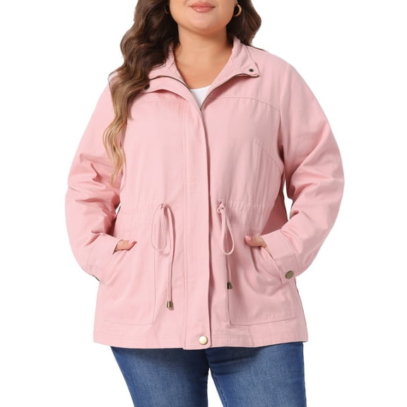 DARING DIVA Plus Size Drawstring Waist Zip-up Utility Jacket 1X Pink