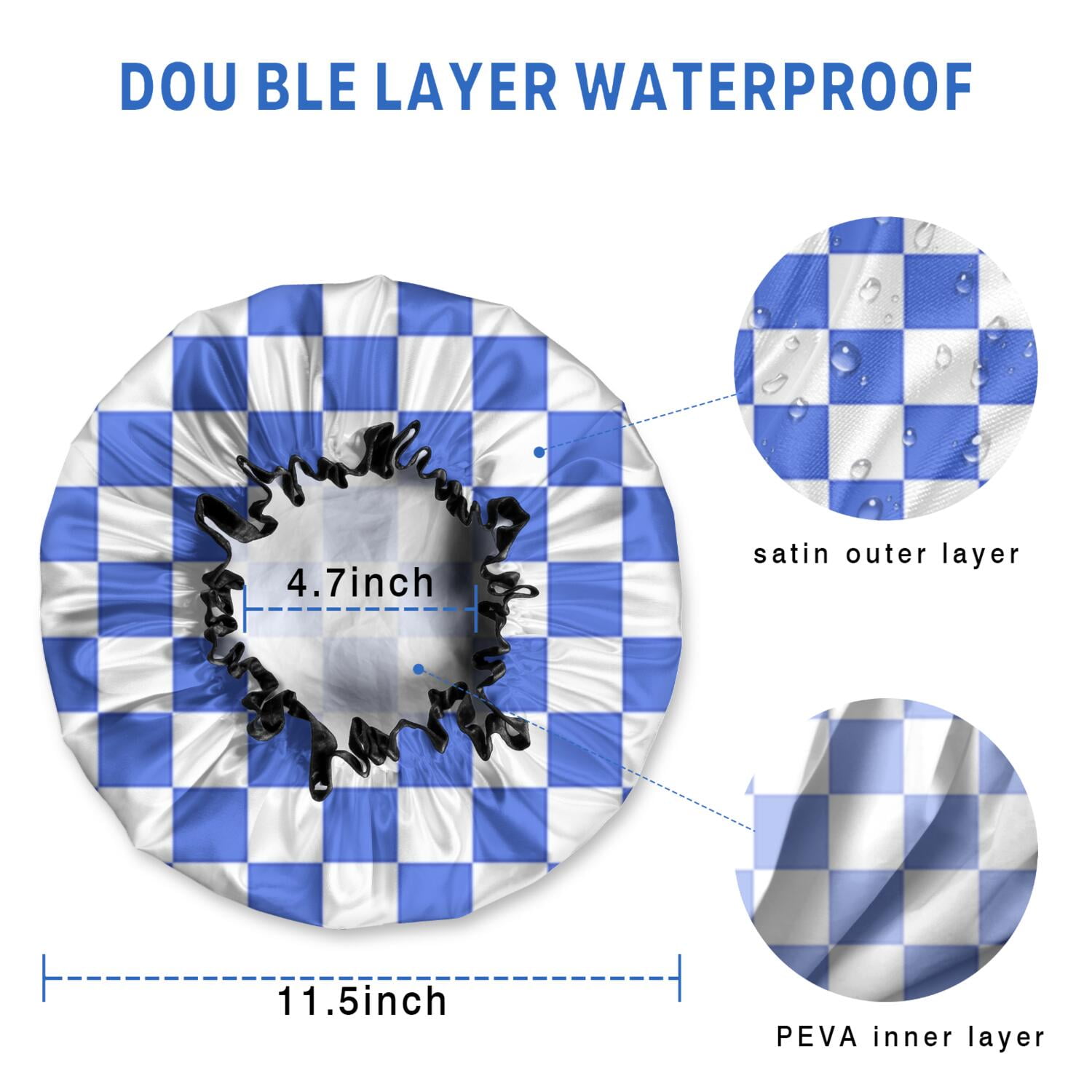 Shower Caps,Blue and White Checkered Pattern Waterproof Shower Cap for Women 4 Pieces,Double Reusable Hair Cover for Shower PEVA Elastic Stretch Hem