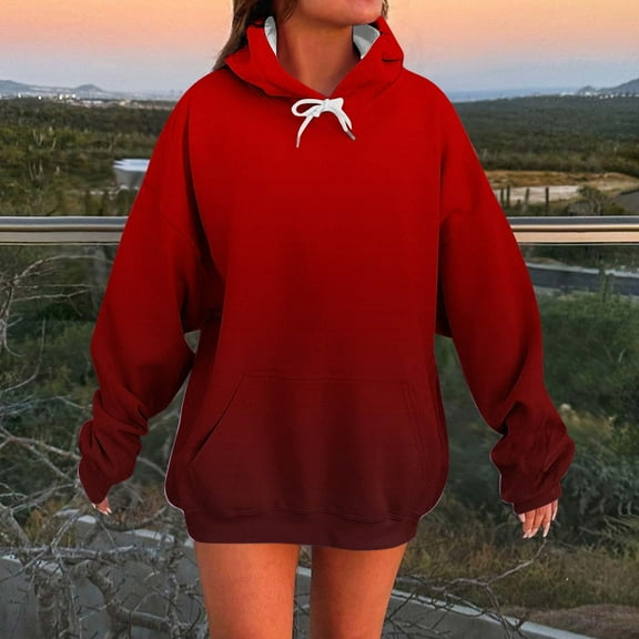 VOONCAS Women's Red Gradient Hoodie - Size S, Oversized Stretchy Fit with Kangaroo Pocket - Casual Everyday & Loungewear
