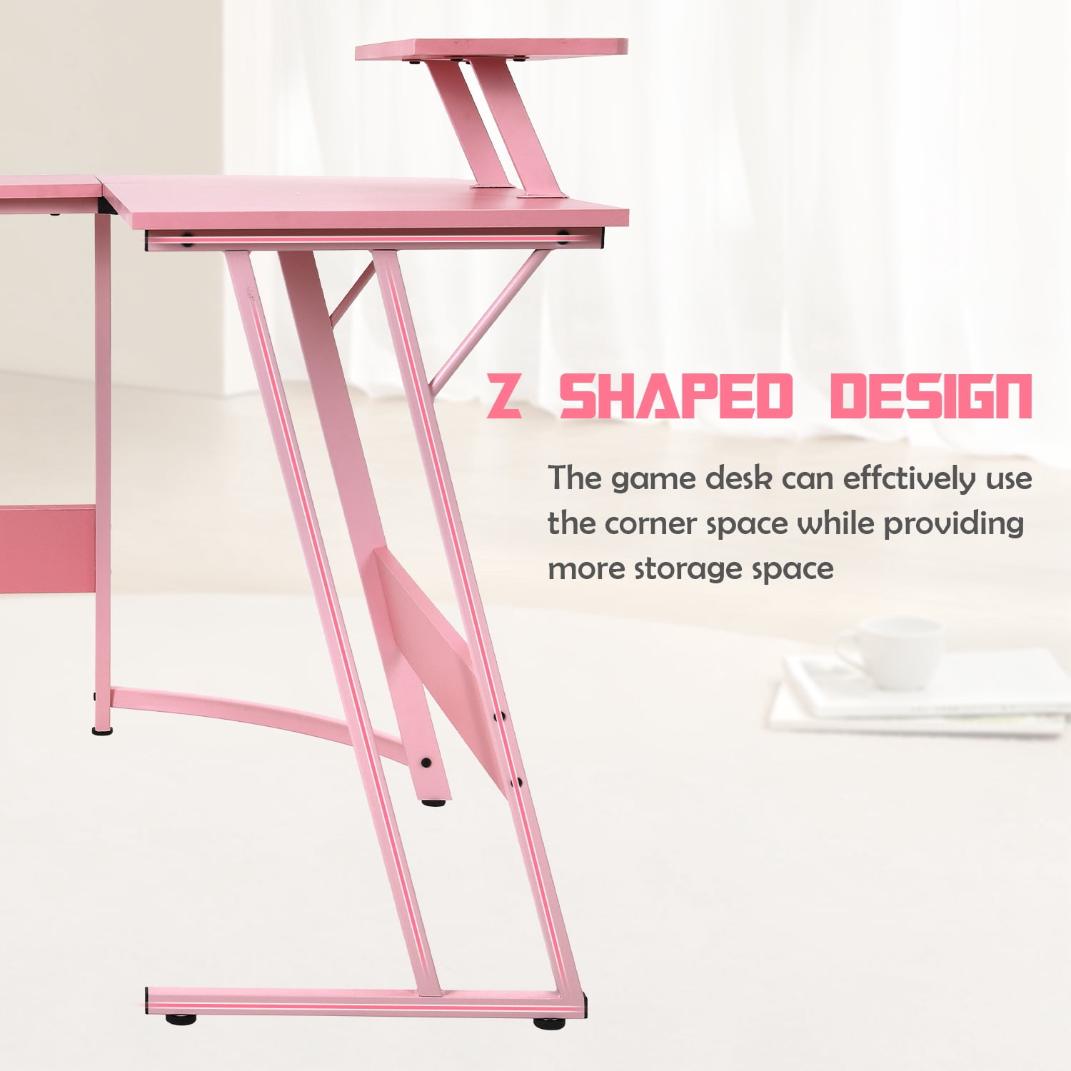 CL.HPAHKL L Shaped Gaming Desk, Gaming Corner Desk with Monitor Riser Stand 50 Inch PC Desk Computer Table Desk with Large Desktop Studying and Working and Gaming for Home and Work Place, Pink