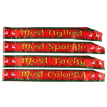 Ugliest Christmas Jumpers Funny Christmas Sashes - 4-Pack Polyester Sash with Most Ugliest, Sparkle, Tacky, Colorful Awards, Perfect Novelty Gift Prizes, Home or Office Christmas Party Supplies ()