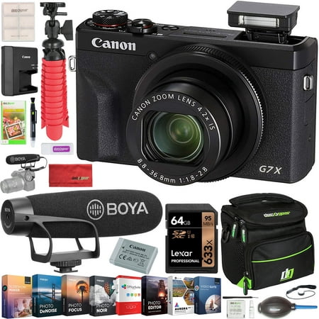 Canon PowerShot G7 X Mark III 20.1MP 4K Digital Camera Vlogging Bundle Black 3637C001 With BOYA Super Cardioid Video Microphone + Deco Gear Travel Case + 64GB Card + Compact Tripod Accessory