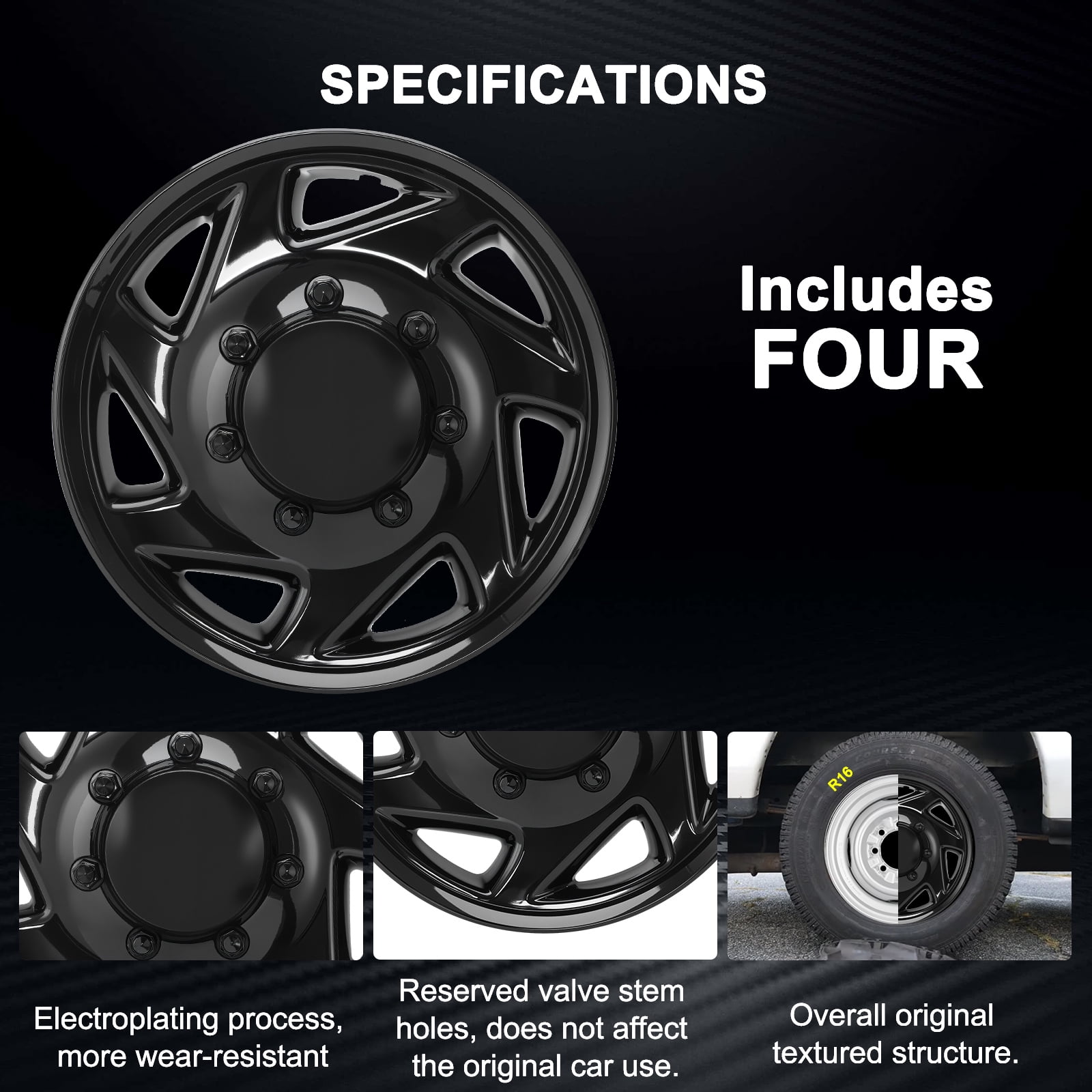 16" HubCaps For Ford E150 E250 E350 E450 VAN; 16 inch Steel Wheel Covers ; Glossy Black; Set Of 4 Packs