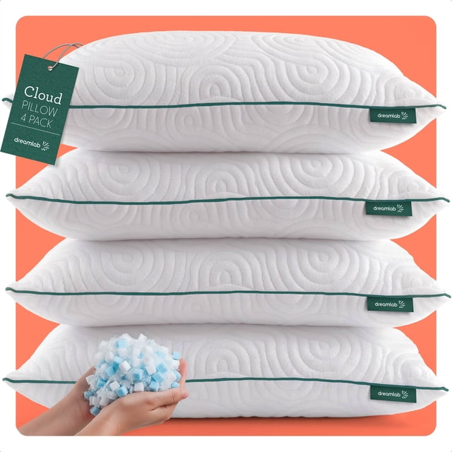 4 Pack Almohadas Dreamlab Cloud Pillow, Funda Bambú, Altura Ajustable, Memory Foam y Microfibras, Hipoalergénica, Certificaciones, 4 Pzs Estándar (45cm x 64cm)
