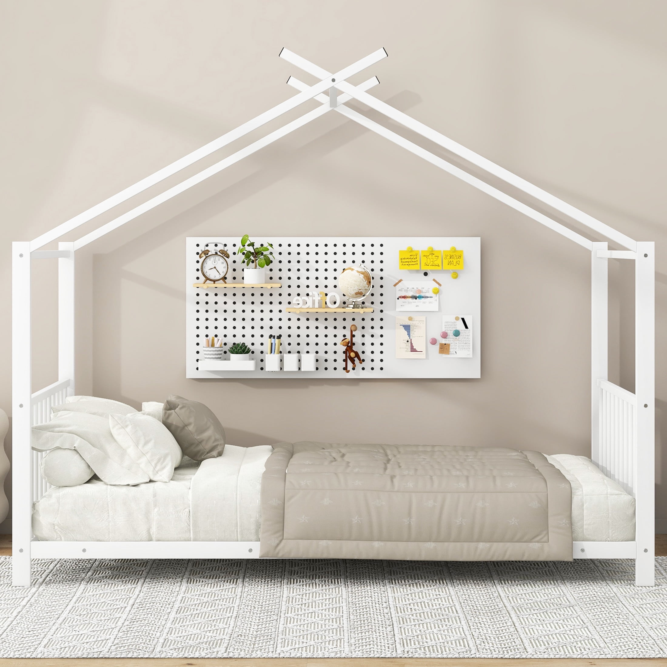 Noble House Ella Twin Metal House Bed, Modern Minimalist Playhouse Bed Frame with Wood Slats, for Kids, White