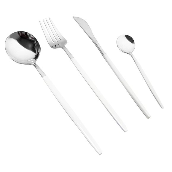 gugrida Ensemble de Couverts 24 Pcs - Ustensiles Réutilisables en Acier Inoxydable 1810 Fourchettes Cuillères Couteaux, Ensemble de Couverts Poli Miroir, Idéal pour Réunions de Famille Usage Quotidien (6 Ensembles, Manche Blanc)