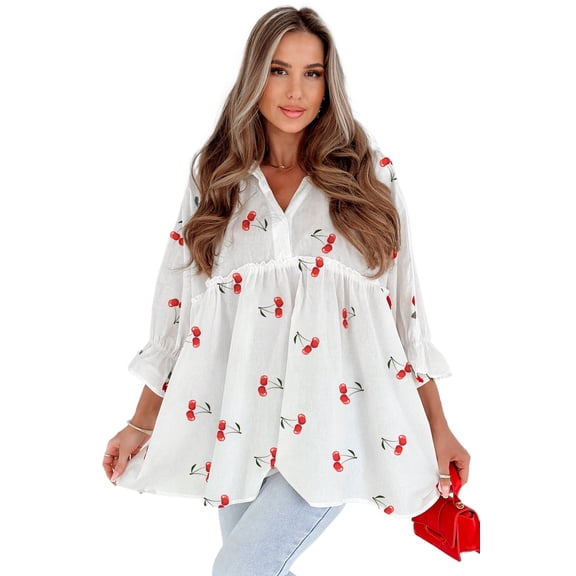 Women's White Cherry Print Flounce Sleeve Collared Frilled Babydoll Blouse, XL