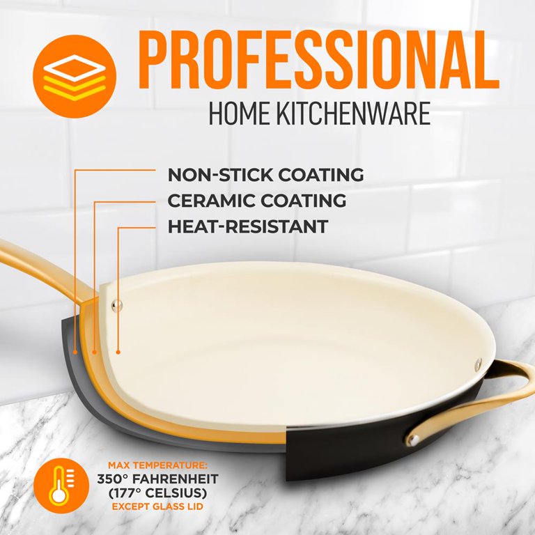 NutriChef 14 Extra Large Fry Pan Skillet Nonstick Pan with Golden Titanium  Coated Silicone Handle